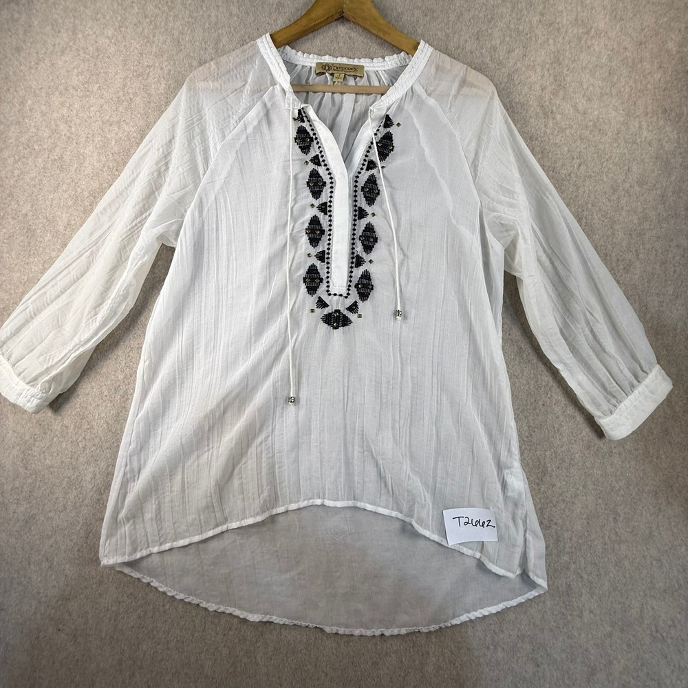 Democracy White Embroidered Peasant Blouse Studded High Low Top Small